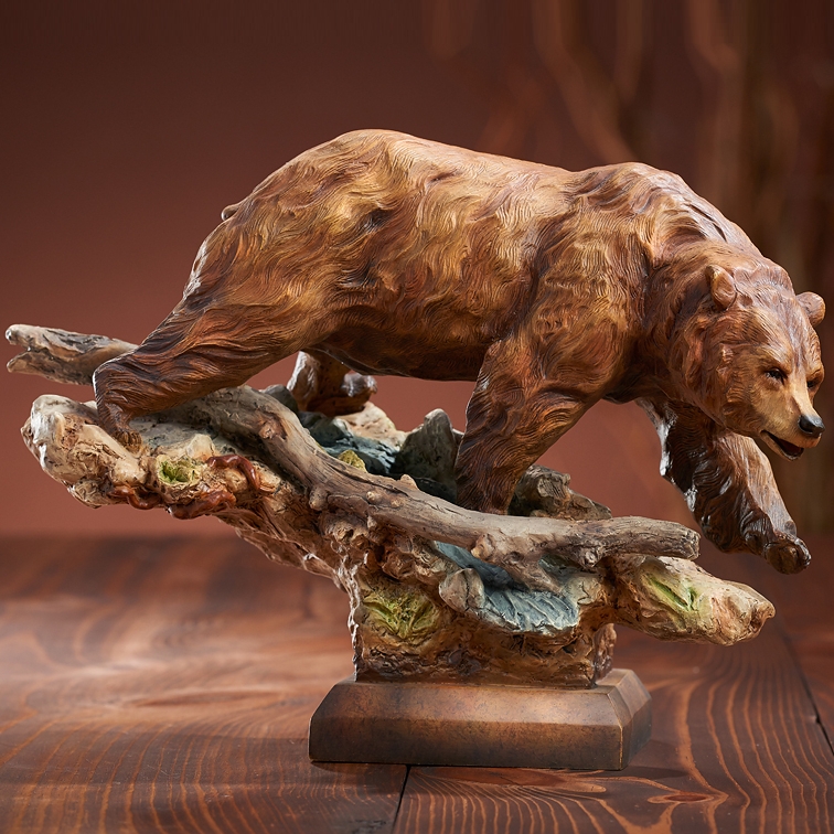 Bear Sculpture Bronze Tone Mid Stride Pose Realistic Grizzly Figurine