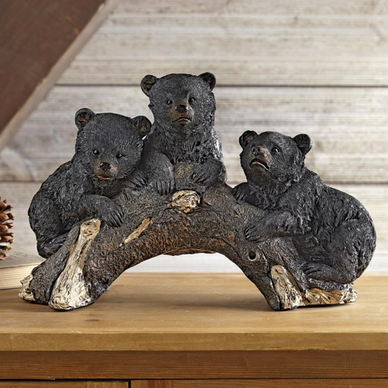 Bear Sculpture Matte Black Climbing Bears Textured Log Woodland Decor