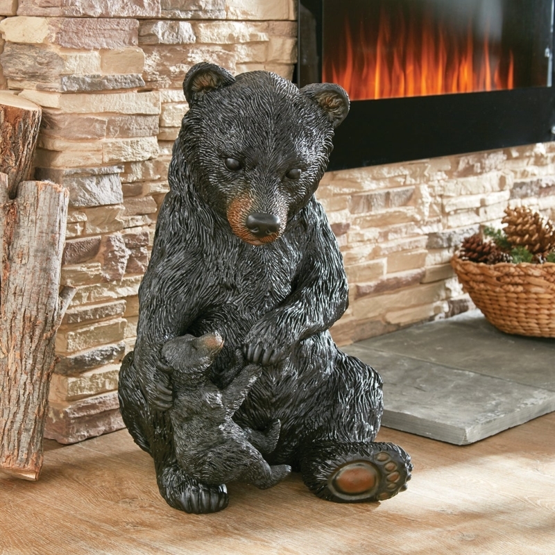 Bear Sculpture Mother and Cubs Maternal Theme Textured Fur Cabin Style