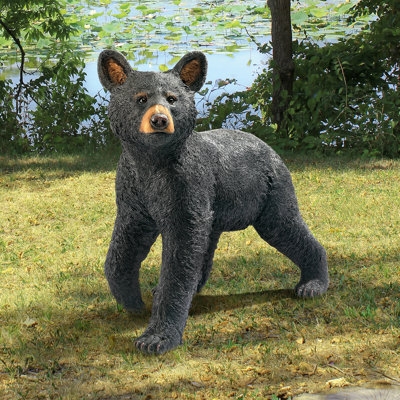 Bear Statue Black Cub Snooping Pose Rustic Cabin Garden Decor