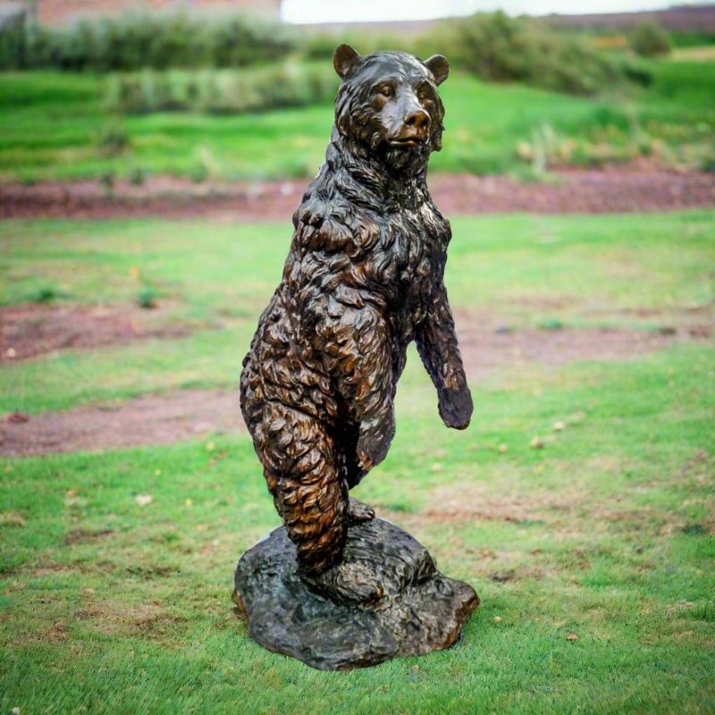 Bear Statue Dark Brown Standing Pose Detailed Fur Stately Decor