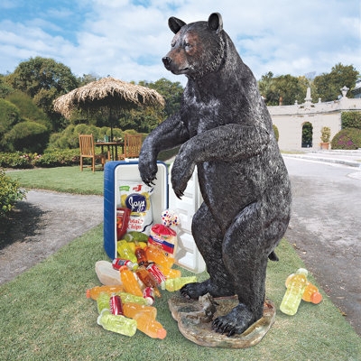 Bear Statue, Fishing Bear Standing Pose Holding Silver Fish Accent