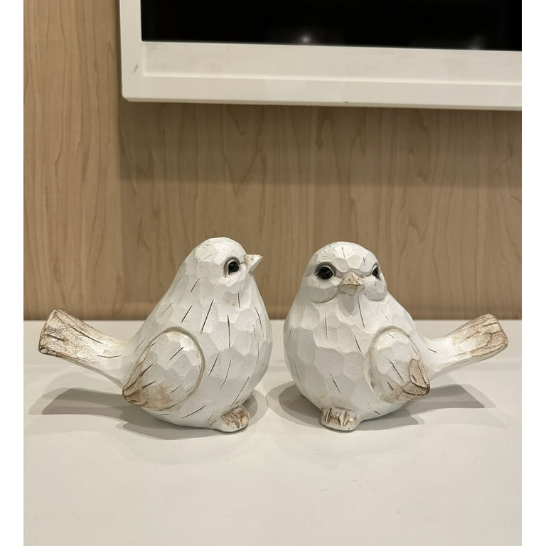 Bird Figurine Set: Carved Resin with Distressed White Finish, Farmhouse