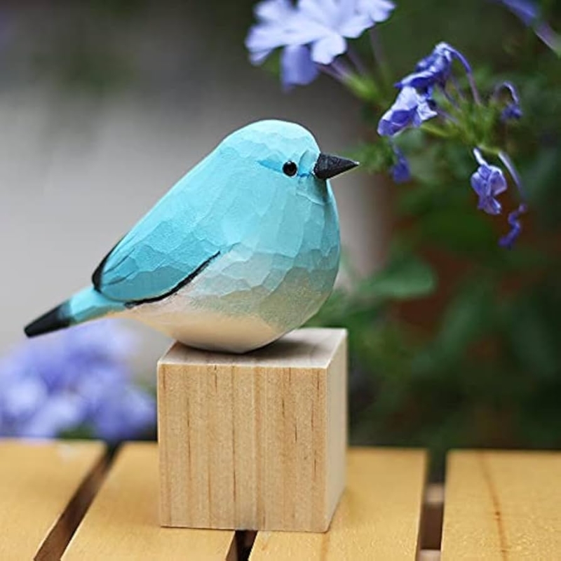 Bird Figurine, Sky Blue, Hand Painted Wood Toned, Rustic Coastal Shelf Decor