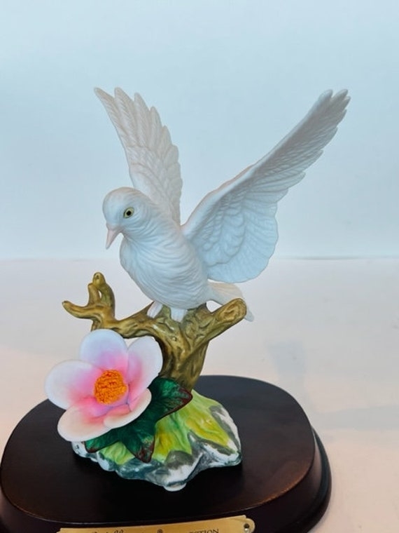 Bird Figurine Vintage Porcelain Glossy White Glaze Floral Base