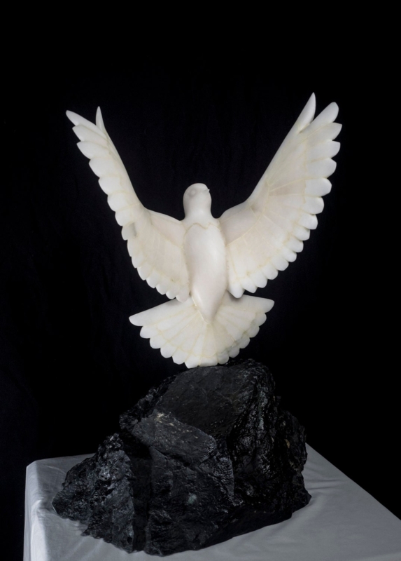 Bird Sculpture Stylized Form Mottled Stone Brown Beige Smooth