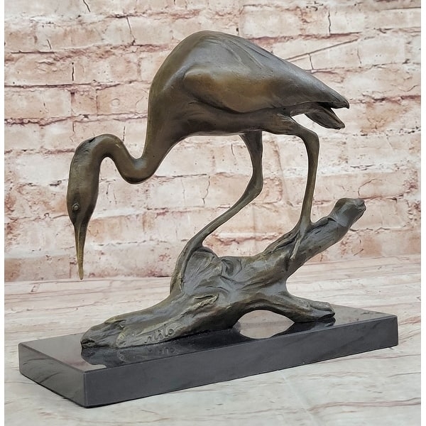 Bird Statue, Bronze Crane, Wings Spread, Marble Base, Elegant Mantel Decor