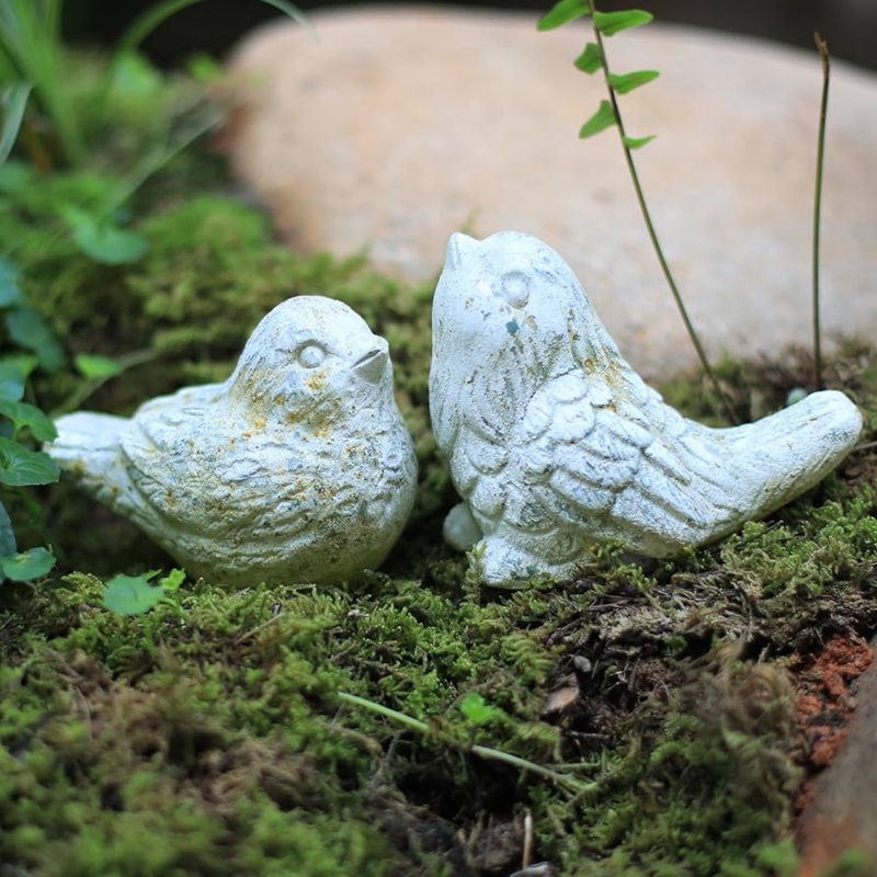Bird Statue Set, Cement Material, Minimalist Form, Rustic Garden Decor