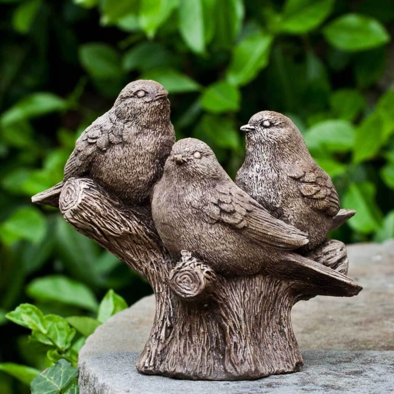 Bird Statue, Triplet Motif, Weathered Brownstone, Rustic Garden Accents