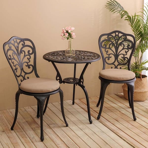Bistro Set Black Cast Metal Lattice Pattern Brown Cushions 3 Piece