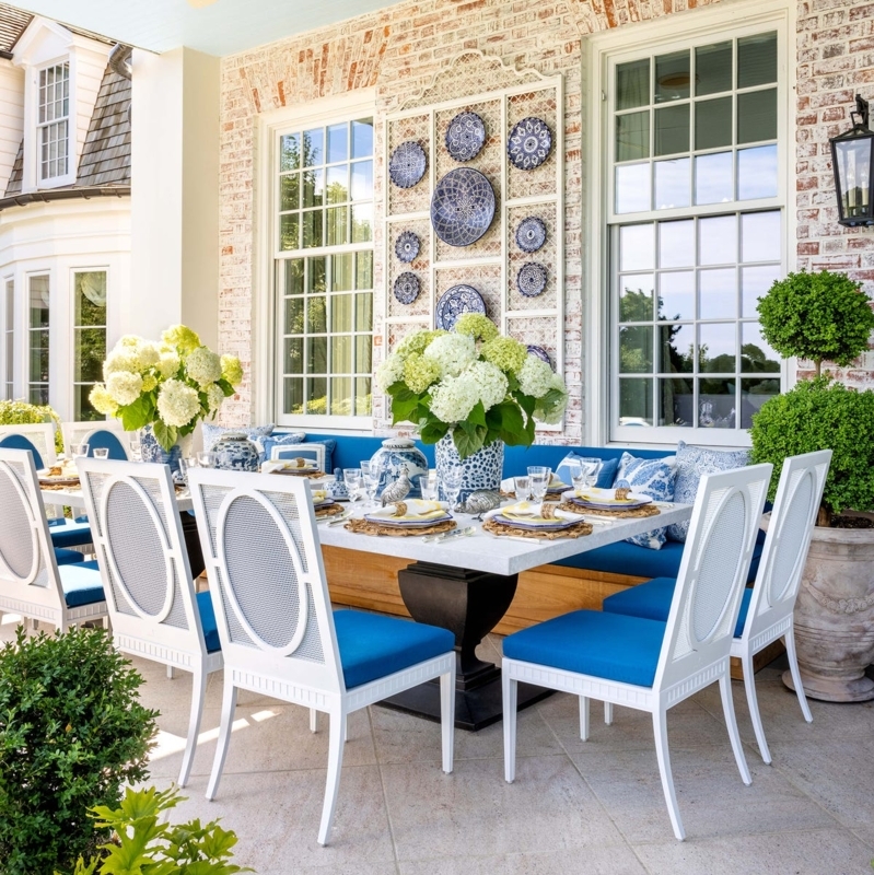 Bistro Set French Woven Blue White Checkered Marble Top Small Patio
