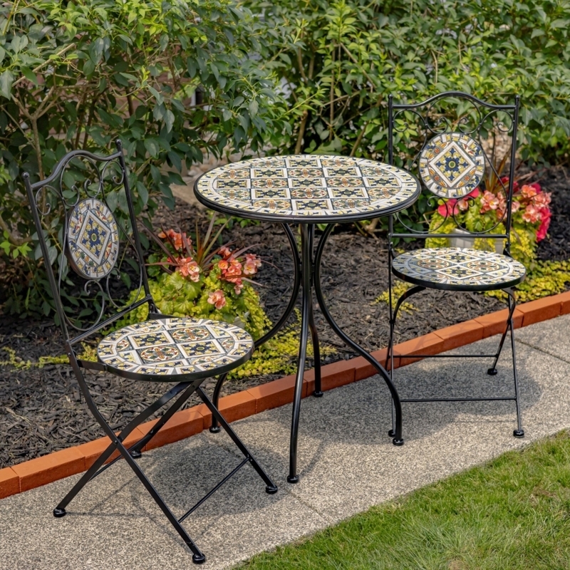 Bistro Set Mosaic Tile Patio Dining Folding Scrolled Frame
