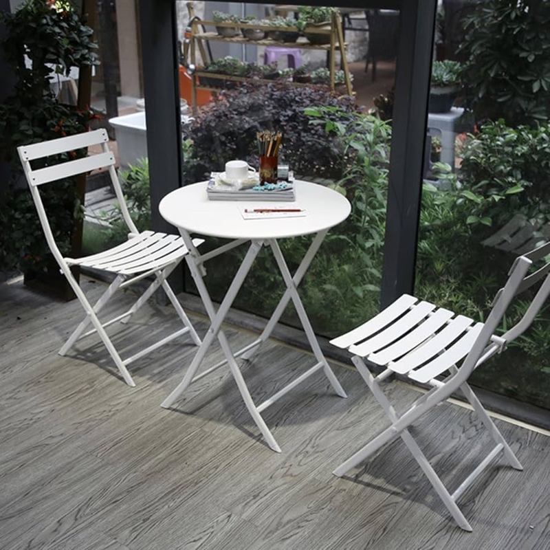 Bistro Set White Metal Foldable Slatted Small Balcony Bistro Set
