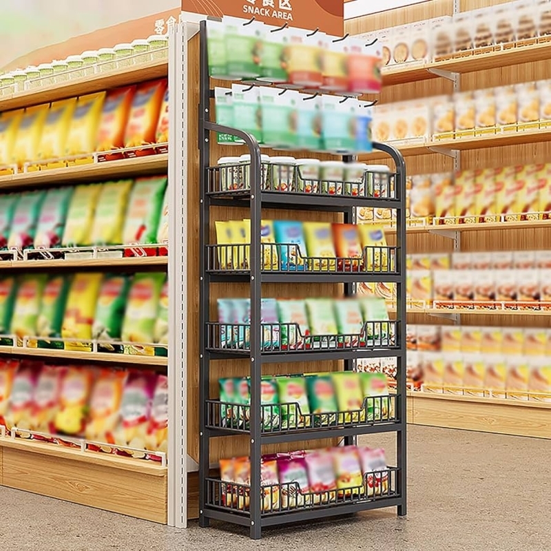 Black 5-Tier Pantry Rack with Angled Mesh Baskets & Side Hooks