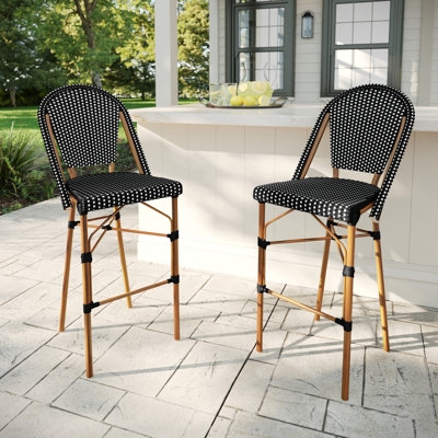 Black and White Woven Bar Stool Woodgrain Aluminum Frame Bistro