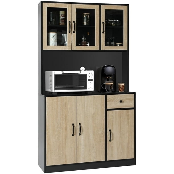 Black and Wood Pantry, Two-Tone Hutch with Glass Doors, 5 Drawers