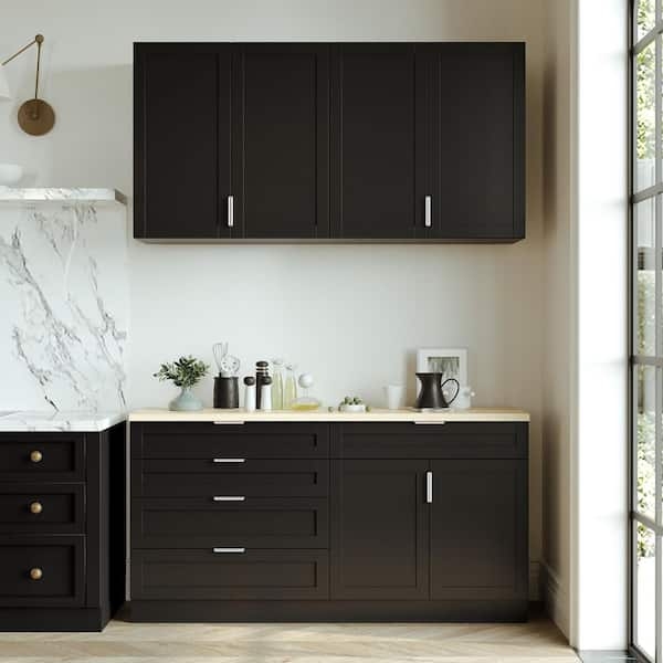 Black Buffet Hutch, Kitchen Pantry with Gold Hardware and Glass Doors