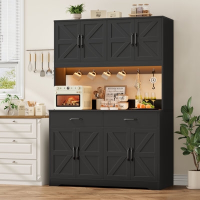 Black Hutch Pantry, Microwave Shelf and LED Lighting, Modern Farmhouse