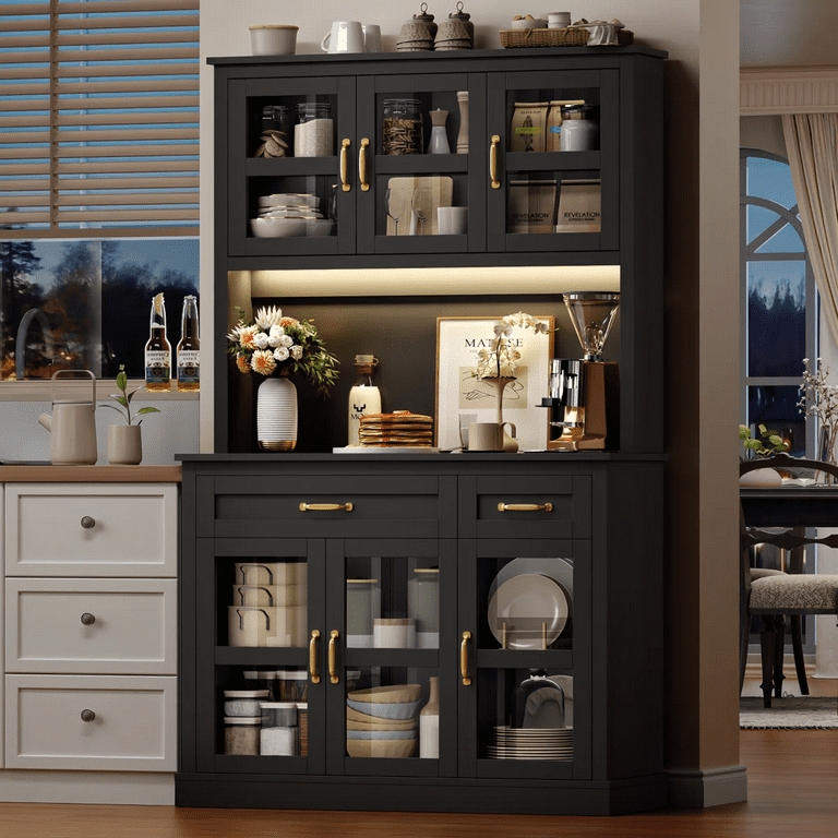Black Kitchen Pantry Hutch with Integrated Wine Rack & Gold Hardware