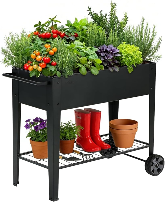 Black Metal Elevated Bed With Wheels And Shelf