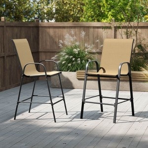 Black Metal Frame Outdoor Stools Integrated Armrests Beige Upholstery