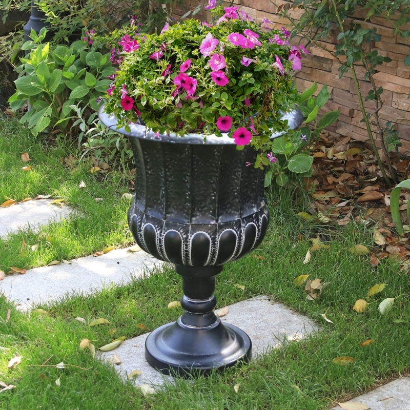 Black Metal Urn Planters, Fluted Bowl Texture Pair