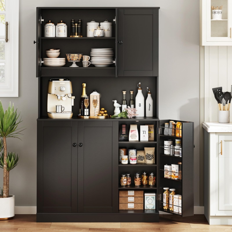 Black Pantry Cabinet with Gold Hardware and Microwave Shelf Hutch