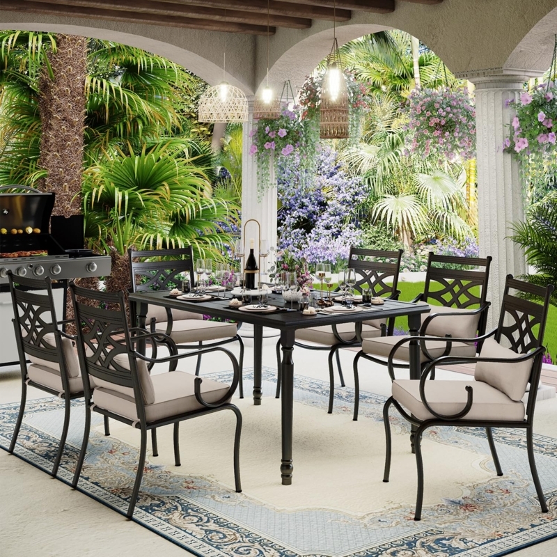 Black Patio Dining Set Traditional Metal C-Spring Base Lattice Back