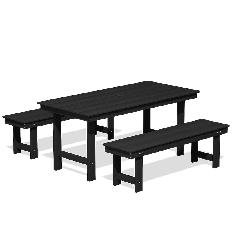 Black Patio Set HDPE Slatted Umbrella Hole Backless Benches