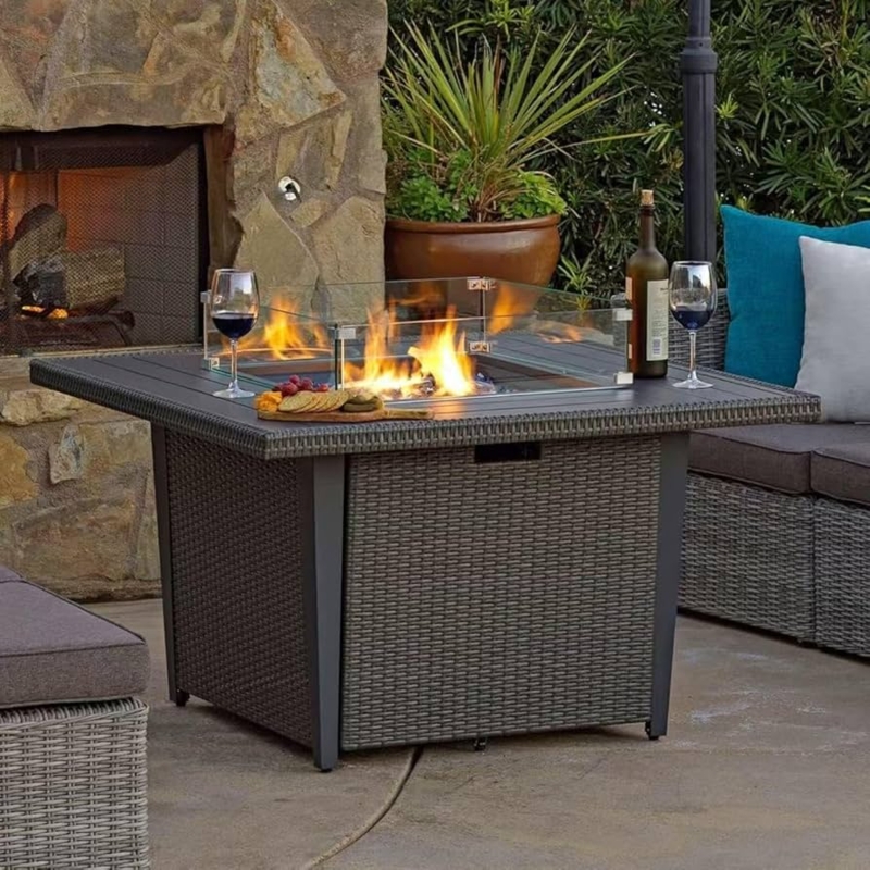 Black Rattan Fire Pit Table, Woven Texture Base, Glass Wind Guard.