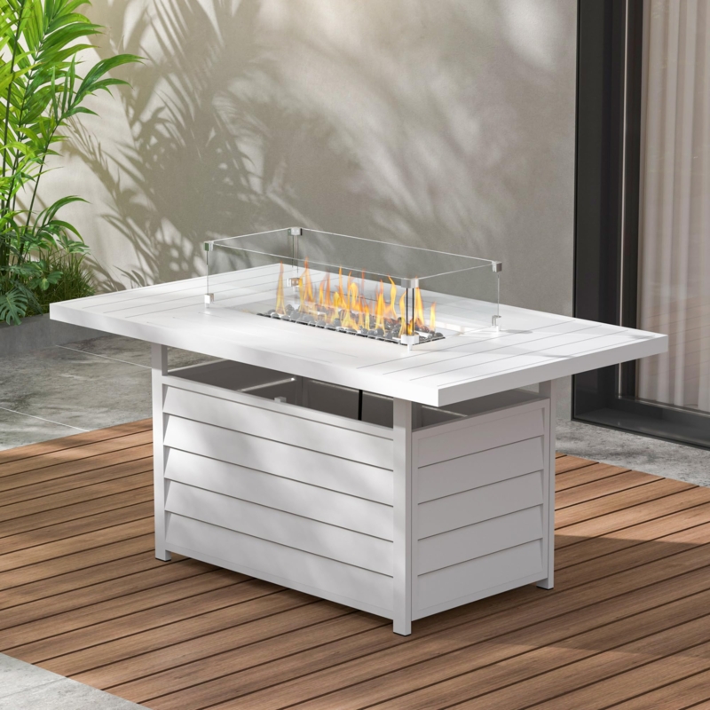 Black Rectangular Fire Pit Table, Glass Wind Guard, Lava Rock Filler.