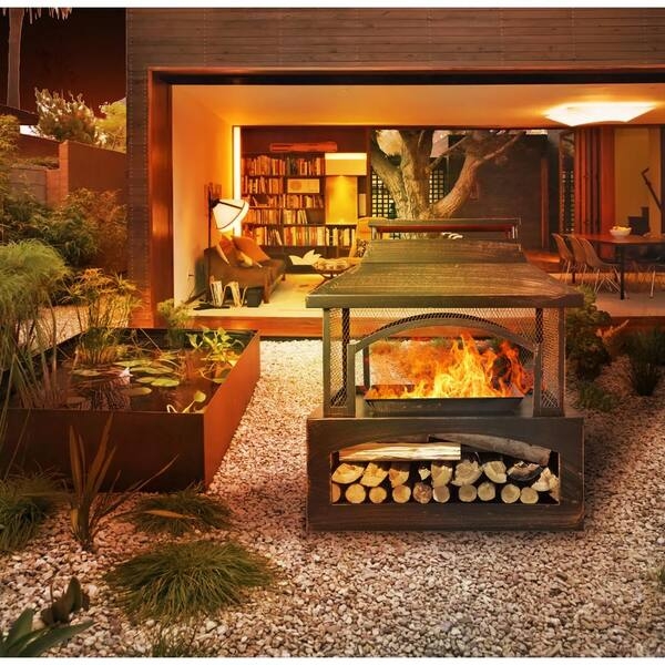 Black Square Fire Pit with Integrated Wood Rack and Table Rim