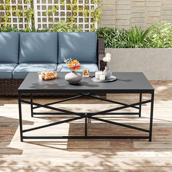 Black Steel Outdoor Coffee Table with Wood-Toned Slatted Top and Frame