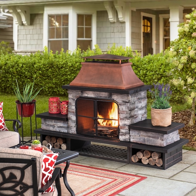 Black Steel Outdoor Fireplace with Copper Gabled Roof and Chimney