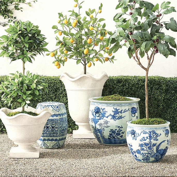 Blue and White Ceramic Planter, Hand-Painted Chinoiserie Floral Pattern.