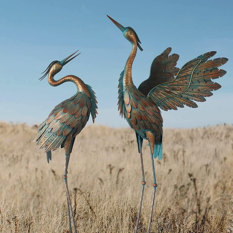 Blue Copper Metal Crane Garden Statue Set, Traditional Pond Decor