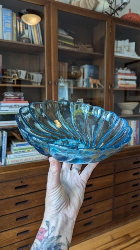 Blue Glass Serving Bowl with Swirl Pattern, Mid-Century Boho Chic