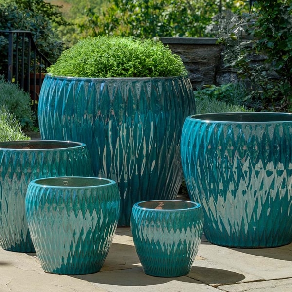 Blue Jade Planter Set Distressed Glaze with Harlequin Pattern Pots