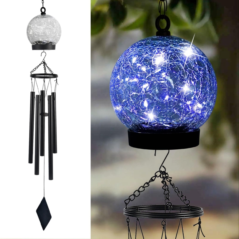 Blue LED Globe Wind Chimes with Crackled Glass Ball