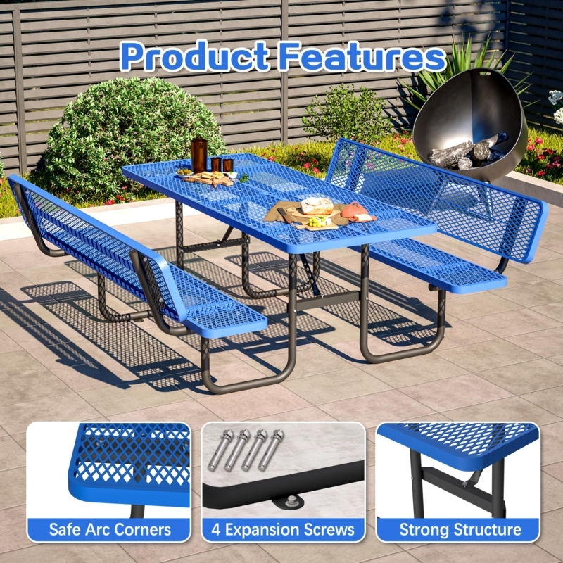 Blue Picnic Table Set Mesh Surface Integrated Backrests Iron