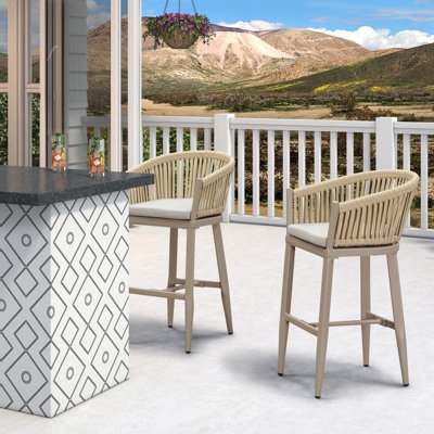 Boho Bar Stool with Woven Texture, Cutout Back and Round Seat