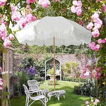 Boho Beach Umbrella with Fringe and Tilt Mechanism