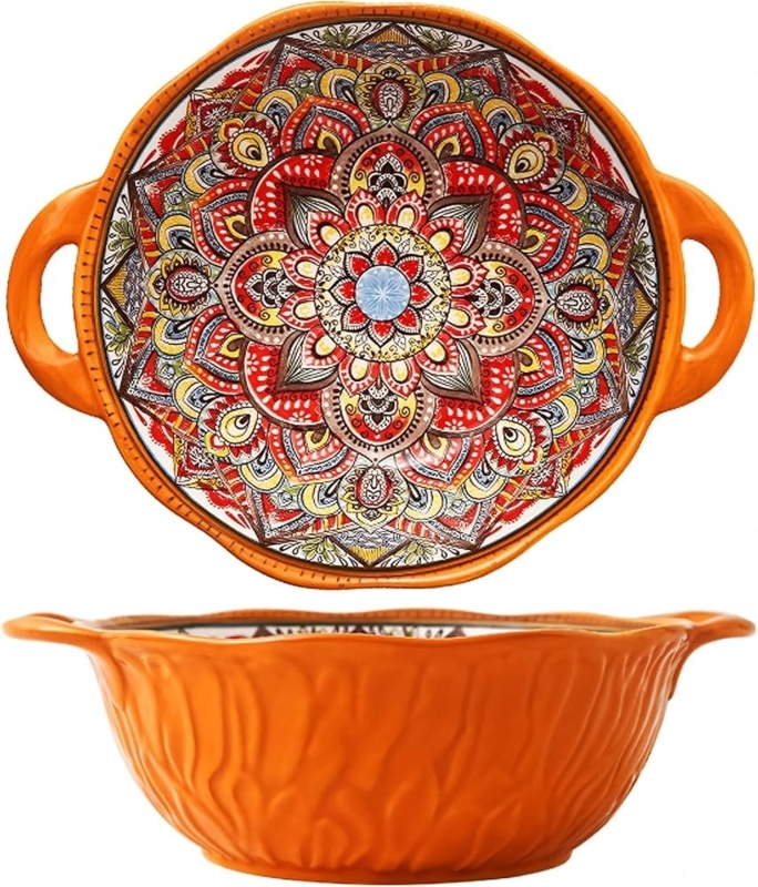 Boho Embossed Ceramic Serving Bowls Set with Side Handles Vibrant