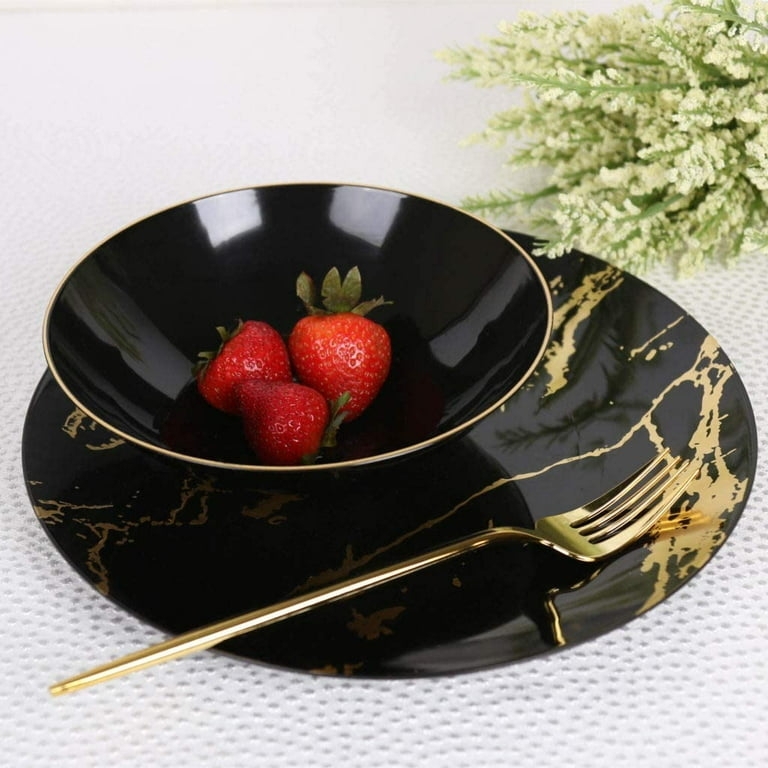 Bowl Black Plastic Gold Rim Round Shape Glossy Elegant Party