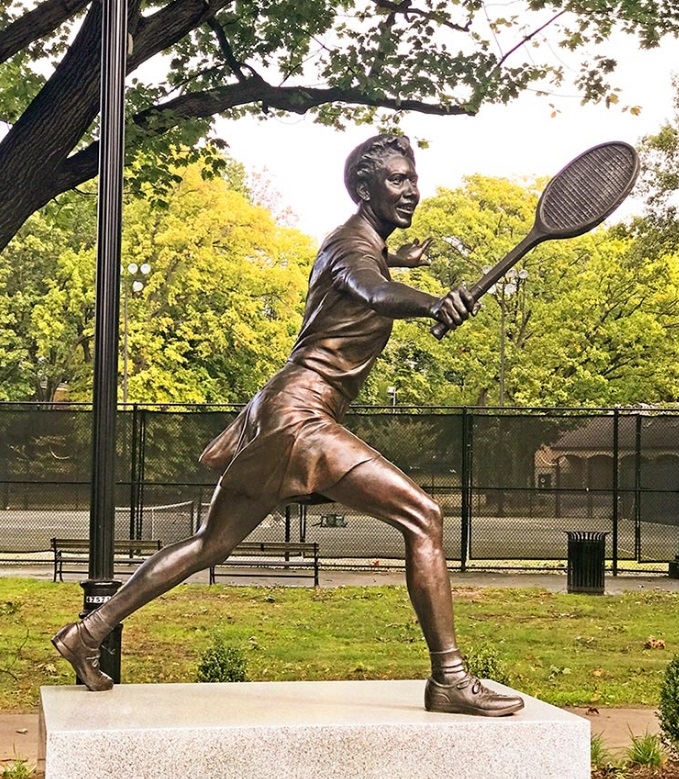 Bronze Garden Statue of Tennis Player in Action Pose