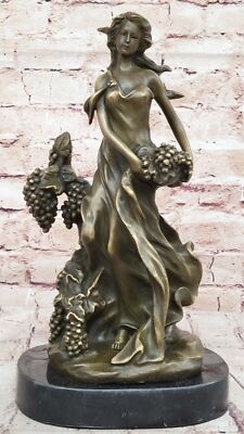 Bronze Girl Figurine with Harvest Basket and Weathered Patina Finish