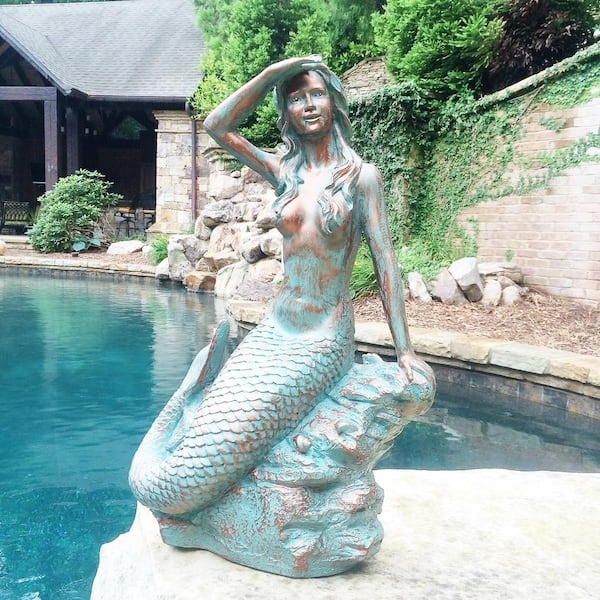 Bronze Patina Mermaid Garden Statue with Coiled Tail
