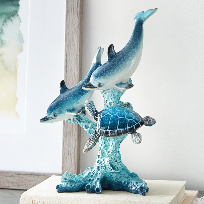 Bronze & Verdigris Dolphin Sea Turtle Sculpture on Marble Base