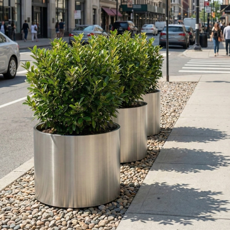 Brushed Steel Planter, Cylindrical Form. Industrial silver metal plant pot.