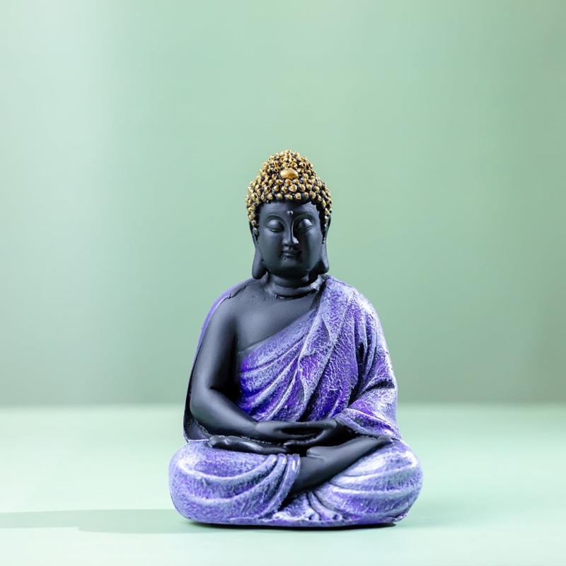Buddha Statue Vibrant Purple Ornate Gold Trim Seated Pose Zen